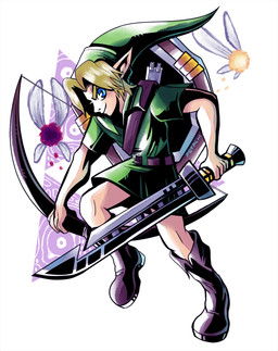 5_fingers biped boots bow_(weapon) clothed clothing eyebrows fingers footwear green_clothing group hair holding_melee_weapon holding_object holding_sword holding_weapon humanoid_pointy_ears male melee_weapon not_furry pointy_ears ranged_weapon shield shoes smile sword trio weapon potachi nintendo the_legend_of_zelda link fairy humanoid hylian hi_res