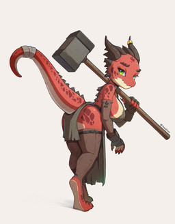 anthro apron apron_only back_spikes bandage bandaged_tail bending_down big_breasts blacksmith_apron breasts claws clothing digitigrade female finger_claws fingerless_gloves footless_legwear gloves gold_(metal) gold_jewelry green_eyes hammer handwear horn horn_jewelry jewelry leaning leaning_forward red_body scales solo spiked_tail spikes spikes_(anatomy) tail text tools tenescross kobold scalie artist_name hi_res signature