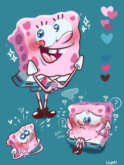accessory anthro blue_background blue_eyes blush blush_lines cartoon_freckles freckled_face freckles happy heart_eyes heart_symbol male necktie simple_background smile tongue tongue_out hiwai nickelodeon spongebob_squarepants spongebob_squarepants_(character) aquatic sea_sponge 3:4 hi_res