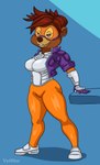 anthro big_breasts black_nose breasts brown_hair clothed clothing cosplay crossover_cosplay eyewear female glasses hair looking_at_viewer mature_anthro mature_female multicolored_body short_hair simple_background solo suit two_tone_body vylfgor blizzard_entertainment disney overwatch talespin rebecca_cunningham tracer_(overwatch) bear mammal 2024 crossover digital_media_(artwork) hi_res