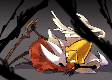 2_horns ambiguous_gender anthro biped black_eyes cloak clothed clothing duo empty_eyes fingers holding_melee_weapon holding_object holding_weapon horn looking_at_another lying melee_weapon on_front on_ground red_cloak red_clothing shadow weapon white_clothing white_eyes yellow_body oxide_cat hollow_knight:_silksong hollow_knight_(franchise) team_cherry hornet_(hollow_knight) second_sentinel void_(hollow_knight) arachnid arthropod spider 2026 hi_res