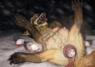 anatomically_correct anatomically_correct_genitalia anatomically_correct_vulva animal_genitalia animal_vulva blood blood_on_snow bodily_fluids canine_genitalia canine_vulva egg female feral genitals gore night nipples orifice_tugging oviposition pain penetration simple_background snow snowfield snowflake solo tongue tongue_out vaginal vaginal_penetration vaginal_tugging vulva el_kyze spyer_fox canid canine fox mammal hi_res