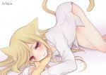 :3 blonde_hair cat_tail clothing female hair long_hair looking_at_viewer male red_eyes shirt simple_background smile solo topwear white_background hinaame inazuma_eleven inazuma_eleven_(series) level-5 afuro_terumi animal_humanoid cat_humanoid domestic_cat felid felid_humanoid feline feline_humanoid felis humanoid mammal mammal_humanoid