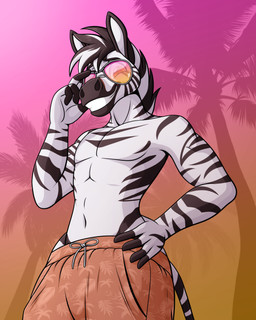 5_fingers abs anthro athletic athletic_male beach bottomwear clothed clothing drawstring eyewear fingers fur glasses gradient_background hair hand_on_hip looking_at_viewer male markings multicolored_hair muscular muscular_anthro muscular_male palm_tree pecs plant red_bottomwear red_clothing seaside shorts simple_background solo standing striped_body striped_fur striped_markings stripes summer sunglasses swimming_trunks swimwear topless topless_male tree two_tone_hair janacantdraw s7v8 dashing equid equine mammal zebra 4:5 absurd_res digital_media_(artwork) hi_res portrait three-quarter_portrait