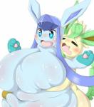 2017 ambiguous_gender anthro belly big_breasts blush breasts duo eeveelution embrace featureless_breasts female generation_4_pokemon glaceon hi_res hug huge_breasts hyper hyper_breasts leafeon mokotomuku77 navel nintendo obese open_mouth overweight pokemon pokemon_(species) simple_background