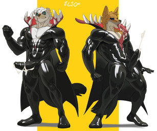 5_fingers anthro balls bared_teeth black_bodysuit black_clothing black_latex black_nose black_skinsuit bodily_fluids body_control bodysuit brown_body brown_fur bulge cape clothing cum cum_drip cum_on_penis cumshot dazed detailed_bulge dripping duo ejaculation erection erection_under_clothing featureless_feet feet fingers fist fur genital_fluids genital_outline genitals head_tuft humanoid_genitalia humanoid_penis hypnosis hypnotic_eyes latex latex_clothing latex_skinsuit male mind_control muscular muscular_anthro muscular_male open_mouth penis penis_outline pose simple_background skinsuit smile spiral spiral_eyes sucking_tentacles tentacles tight_clothing tuft white_background white_body white_fur yellow_background cxcxxcxxxx animate_inanimate canid canine canis domestic_dog felid feline felis living_clothing living_latex mammal pantherine snow_leopard tentacle_creature absurd_res hi_res signature