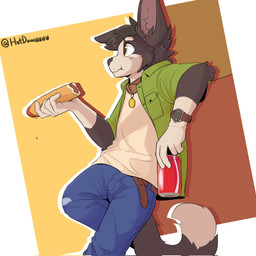 5_fingers anthro bent_legs black_body black_fur black_hair bottomwear can clock clothing container denim denim_bottomwear denim_clothing eating eating_food fingers fur hair holding_can holding_container holding_hot_dog holding_object jeans male pants serious shirt solo tail topwear watch white_body white_clothing white_fur white_shirt white_topwear wristwatch yellow_eyes hotdawggyy canid canine canis domestic_dog mammal 1:1 2024 english_description hi_res