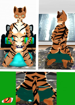 anthro butt_crush cushion duo female gaming green_eyes looking_back male male/female micro nude pillow pose sitting sitting_on_another stripes blackreaper_bk201 microsoft the_elder_scrolls knuddelt_baeren felid khajiit mammal hi_res pinup