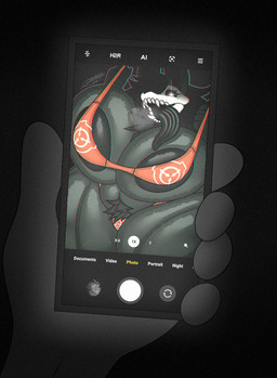 anthro areola big_breasts big_tongue bikini black_areola black_hair bone breasts cellphone clothing electronics female female_anthro grey_body hair holding_cellphone holding_object holding_phone huge_breasts looking_at_viewer open_mouth phone pubes skull skull_head smartphone solo swimwear text thick_thighs tongue tongue_out two-piece_swimsuit white_eyes daeriusus android_(os) google scp_foundation scp-1471-a canid canine malo mammal monster english_text hi_res