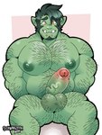 areola balls big_pecs body_hair chest_hair colored-in ear_piercing erection facial_hair genitals green_body green_hair green_skin hair hairy hairy_balls humanoid_genitalia humanoid_penis male muscular muscular_humanoid muscular_male nipples not_furry nude pecs penis piercing solo thick_line_art schwarzfox humanoid orc 2022 3:4 hi_res shaded