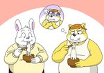 anthro belly black_nose clothing duo eating food fur humanoid_hands kemono male overweight overweight_male shirt topwear white_body white_fur yellow_body yellow_fur bullbluedog canid canine canis domestic_dog lagomorph leporid mammal rabbit 2021 hi_res