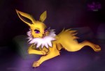 bed bed_sheet bedding female feral fur furniture pillow purple_eyes solo tongue tongue_out whiskers yellow_body yellow_fur astralia_(art) nintendo pokemon eeveelution generation_1_pokemon jolteon pokemon_(species) hi_res