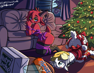 2_horns 5_fingers anthro arms_tied beanie big_butt biped black_clothing black_horn blue_eyes bound breasts butt christmas_2025 christmas_decorations christmas_lights christmas_present christmas_tree clothed clothing cookie duo female female/female fingers fluffy fluffy_tail food footwear fur furniture gift hair hat headgear headgear_only headwear headwear_only high_heels holidays horn kneeling leggings legs_tied legwear light lying lying_on_ground markings milk moonlight mostly_nude night on_ground partially_clothed pivoted_ears plant red_body red_fur ribbons shoes short_hair small_breasts socks sofa spots spotted_body spotted_fur stockings table tail thick_thighs thigh_highs thigh_socks tree wrap wrapped wrapped_legs wrapping wraps yellow_eyes daweregoat love_dead_man christmas abril_(daweregoat) sally_(love_dead_man) bovid caprine goat mammal sheep absurd_res hi_res