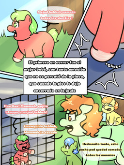 ambiguous_gender baby_talk blue_eyes blue_hair cage crotch_breasts dialogue female feral green_body green_eyes green_hair green_tail hair in_cage neonate orange_eyes orange_hair outside plant quadruped red_body tail text trap_(contrivance) trapped yellow_body young giggle_fluffy's fluffy_pony fluffy_pony_(species) mammal 3:4 comic digital_media_(artwork) hi_res spanish_description spanish_text translated translated_description