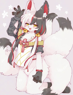 5_fingers accessory ambiguous_anthro ambiguous_gender anthro asian_clothing bell big_tail biped black_body black_ears black_fur black_hair black_nose black_pawpads black_tail black_tail_tip blush blush_lines boots bottomless bottomless_ambiguous bottomless_anthro bow_(feature) bracelet camo camo_clothing camo_print camo_topwear chest_tuft claws clothed clothing cute_fangs dipstick_tail east_asian_clothing eyelashes fangs featureless_crotch finger_claws fingerpads fingers fluffy fluffy_chest fluffy_tail footwear front_view fur gesture gloves_(marking) hair hair_accessory hair_bell humanoid_hands inner_ear_fluff japanese_clothing jewelry kemono kneeling long_hair looking_at_viewer markings mismatched_ears multi_tail multicolored_body multicolored_ears multicolored_fur multicolored_hair multicolored_tail open_:3 open_mouth open_smile pattern_clothing pattern_topwear pawpads pigtails pink_tongue pupils red_hair red_inner_ear shoes simple_background slit_pupils smile solo tail tail_markings teeth tongue topwear tuft two_tone_body two_tone_ears two_tone_fur two_tone_tail waving waving_at_viewer white_body white_claws white_ears white_fur white_hair white_inner_ear_fluff white_tail yellow_eyes mokumokuuma japan_air_self-defense_force urushimaru canid canine fox mammal 2024 colored digital_media_(artwork) full-length_portrait hi_res portrait shaded signature male_(lore)