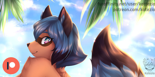 advertisement anthro blue_body blue_eyes blue_hair breasts brown_body brown_fur cute_fangs fangs female fluffy fluffy_tail fur hair nude outside palm_tree patreon_exclusive patreon_logo patreon_username plant sky solo tail teaser teeth text tree kotezio brand_new_animal netflix patreon studio_trigger michiru_kagemori canid canine canis mammal raccoon_dog tanuki digital_media_(artwork) preview url