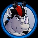 1:1 2014 2_horns almasy alpha_channel anthro barbell black_hair chuck_(braford) facial_hair facial_horn goatee grey_body grey_skin hair headshot_portrait hi_res highlights_(coloring) horn icon male mammal nose_horn ponytail portrait red_highlights rhinoceros solo weights