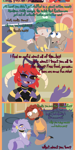 ambiguous_gender anthro beanie bell blonde_hair blue_eyes blue_tongue bottomwear brown_body brown_eyes brown_fur candy circus claws clothed clothed_human clothed_male clothing collar cotton_candy dark_sclera dessert ear_piercing fangs female food fully_clothed fully_clothed_human fully_clothed_male fur green_eyes green_hair group hair hat headgear headwear hidden_eyes horn jacket jingle_bell larger_male male male/female mohawk orange_eyes piercing pink_eyes pink_hair purple_body purple_eyes red_body red_hair red_scales scales shirt shorts size_difference smaller_female smaller_male tan_body tan_skin tank_top teeth text tongue topwear town whiskers yellow_eyes shane_frost bandai_namco digimon fakemon trevor_(shane_frost) arachnid arachnid_taur arthropod arthropod_taur canid canine digimon_(species) fan_species felid feline human lindremon mammal monster reptile scalie taur absurd_res comic digital_media_(artwork) english_description english_text hi_res long_image tall_image