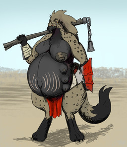 anthro areola armor big_breasts bottomwear breasts clothing female female_anthro flail fur grey_areola grey_nipples hyper hyper_pregnancy loincloth markings melee_weapon multi_breast nipples piercing pregnant pregnant_anthro pregnant_female skirt solo spots spotted_body spotted_fur stretch_marks weapon vwpologt dungeons_and_dragons hasbro mayternity_2026 wizards_of_the_coast gnoll hyena mammal monster hi_res