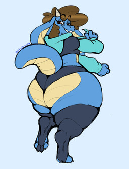 anthro big_butt butt clothing femboy hoodie long_socks looking_at_viewer male sharp_teeth smile smiling_at_viewer solo teeth thick_thighs topwear wide_hips heftyhoard meme_clothing bluetooth_the_kobold kobold scalie hi_res meme