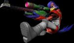 anthro armor biped blue_body blue_feathers feathers gun male ranged_weapon rifle simple_background sitting sniper_rifle solo transparent_background weapon unknown_artist nintendo star_fox starfox_assault falco_lombardi avian bird 2005 alpha_channel hi_res official_art