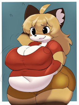 anthro belly belly_jiggle belly_overhang belly_rolls big_belly big_breasts black_eyes black_nose blush bodily_fluids border bottomwear breasts brown_body brown_fur cleavage clothed clothing crop_top curvy_figure cute_fangs dipstick_tail eyelashes fangs fat_rolls female fur glistening glistening_hair hair hand_behind_back hand_behind_head huge_belly huge_breasts inner_ear_fluff jiggling long_hair love_handles markings midriff motion_lines multicolored_body multicolored_fur navel nipple_outline no_pupils open_mouth overweight overweight_anthro overweight_female raised_arm red_clothing shirt shorts solo standing sweat tail tail_markings tan_body tan_fur teeth thick_thighs tight_clothing topwear tuft white_body white_border white_fur wide_hips inazuma_kat fujiko_(inazuma_kat) canid canine fox mammal 2025 3:4 digital_media_(artwork) hi_res
