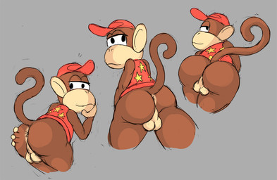 anthro anus backsack balls big_butt big_head bottomless brown_body brown_fur butt clothed clothing fur genitals grey_background looking_at_viewer male multiple_poses pose presenting presenting_anus presenting_hindquarters rear_view simple_background solo ikiki donkey_kong_(series) nintendo diddy_kong haplorhine mammal monkey primate 2016 digital_media_(artwork)