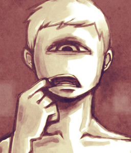 1_eye black_eyes finger_in_mouth hair male nude_humanoid nude_male solo white_body white_hair white_skin oouyuki_benten humanoid monster 2009 hi_res