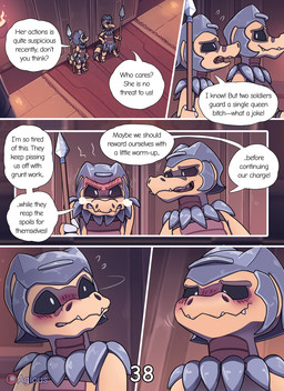 ambiguous_gender anthro armor blush clothed clothing curtains dialogue fangs feet floor fur furniture gate headgear helmet looking_at_viewer melee_weapon misogyny pillar polearm profanity sexism shaded_background spear teeth text toes torch torch_light weapon white_body white_fur agious nintendo pokemon generation_5_pokemon krokorok mammal pokemon_(species) reptile scalie 2026 comic digital_drawing_(artwork) digital_media_(artwork) english_text hi_res shaded