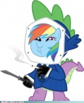 bottomless cigarette clothed clothing female feral hair knife mask multicolored_hair rainbow_hair simple_background smoke solo suit tail unknown_artist friendship_is_magic hasbro my_little_pony mythology team_fortress_2 valve rainbow_dash_(mlp) spike_(mlp) spy_(team_fortress_2) dragon equid equine horse mammal mythological_creature mythological_scalie pony scalie crossover