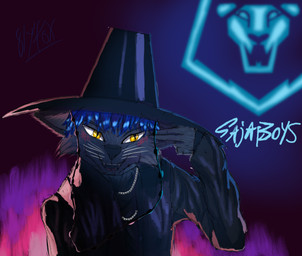 clothing fire gesture hand_gesture hat headgear headwear male pointing solo slyfoxyboy kpop_demon_hunters baby_saja canid canine canis mammal wolf hi_res painting_(artwork)