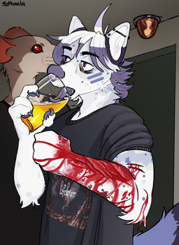 alcohol anthro basement beer beer_glass beverage blood bodily_fluids clothed clothing drinking ear_piercing facial_piercing glass gore industrial_piercing lip_piercing male piercing self-harm snakebite_piercing solo sweatshirt wounded mothaala maelynn_(mothaala) canid canine canis hybrid mammal murid murine rat rodent wolfdog hi_res