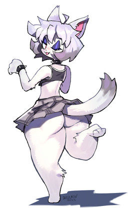 ahoge ambiguous_gender anthro barefoot big_butt bottomwear bracelet butt cat_tail choker clothed clothing collar crop_top eyelashes eyeshadow fangs feet fur grey_hair hair jewelry lidded_eyes looking_at_viewer looking_back looking_back_at_viewer makeup necklace one_eye_closed one_leg_up open_mouth open_smile paw_pose pleated_skirt pose raised_leg rear_view red_eyes shirt short_hair skirt smile solo spiked_bracelet spiked_collar spikes tail tank_top teeth thick_thighs topwear upskirt white_body white_fur wide_hips wink winking_at_viewer dreaminerryday robo_(robosylveon) domestic_cat felid feline felis mammal 2023 full-length_portrait hi_res portrait signature source_request unavailable_at_source