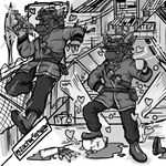 2fort anthro bison_the_protogen clothing coat explosives eyewear glasses grenade hearts_around_body hi_res machine male monochrome protogen signature solo team_fortress_2 topwear unknown_artist valve visor weapon