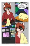 anthro black_bottomwear black_clothing black_nose black_pants blep bottomwear brown_hair brown_markings canid canine cheek_tuft clothed clothing comic digital_media_(artwork) dipstick_ears dipstick_hair ear_markings english_text eyewear facial_tuft female fox foxboy83 fur glasses gloves_(marking) green_eyes hair hi_res inside mammal markings multicolored_ears pants ponytail red_(vixen_logic) red_body red_clothing red_fox red_fur red_hair red_shirt red_topwear shirt sitting text tied_hair tongue tongue_out tootaloo topwear true_fox tuft url vixen_logic white_body white_fur