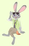 3_toes anthro barefoot bottomwear clothing countershade_feet countershading fake_tail feet female fur green_background grey_body grey_fur jewelry necklace necktie pants plantigrade purple_eyes shirt simple_background sitting soles solo toes topwear chu_twst disney zootopia judy_hopps lagomorph leporid mammal rabbit hi_res