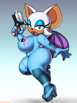 anthro bat_wings big_breasts big_butt bodysuit breasts butt butt_pose clothing cosplay eyelashes fangs female footwear gradient_background green_eyes gun hair high_heels holding_gun holding_object holding_ranged_weapon holding_weapon lidded_eyes looking_at_viewer looking_back looking_back_at_viewer membrane_(anatomy) membranous_wings nipple_outline pose ranged_weapon shoes shortstack shortstack_female simple_background skinsuit smile solo tail teeth thick_eyelashes thick_thighs tight_clothing weapon white_hair wide_hips wings zero_suit omegasunburst metroid nintendo sega sonic_the_hedgehog_(series) super_smash_bros. rouge_the_bat samus_aran bat mammal 2025 3:4 absurd_res crossover full-length_portrait hi_res portrait redraw