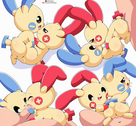 balls bestiality blush fellatio feral genitals group group_sex human_on_feral interspecies larger_male looking_pleasured male male/male male_penetrated male_penetrating nude open_mouth oral penetration penile penis pokephilia sex simple_background size_difference smaller_male threesome yellow_body cloudeon nintendo pokemon generation_3_pokemon human mammal minun plusle pokemon_(species) absurd_res hi_res