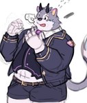 anthro belt bottomwear clothing disembodied_hand fur gloves grey_body grey_fur handwear horn male overweight pinching_cheeks shorts suit topwear vest 205nin lifewonders tokyo_afterschool_summoners belphegor_(tas) demon absurd_res hi_res