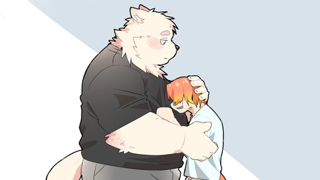 anthro bodily_fluids bottomwear clothing crying duo kemono male overweight overweight_male pants sad shirt simple_background size_difference solo tears topwear inunoshippo canid canine canis domestic_dog mammal 16:9 2026 hi_res widescreen