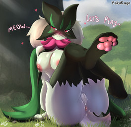 anthro anus areola bodily_fluids breasts detailed_background feet female foot_focus forest forest_background fur genital_fluids genitals green_body green_fur heart_symbol innie_vulva mask nature nature_background nipples nude pawpads paws petals pink_areola pink_nipples plant soles solo text toes tree vaginal_fluids vulva yakukage nintendo pokemon generation_9_pokemon meowscarada pokemon_(species) hi_res