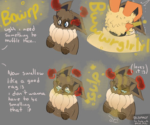 ambiguous_gender anthro bodily_fluids brown_body burp_cloud burp_fetish burp_kissing burp_swallowing burping cocoa_(fluffi_plushie) dialogue duo feral foxie_(foxieflareon) heterochromia holding_burp male onomatopoeia red_clouds rumbling_stomach sound_effects stink_fumes stink_lines sweat tears text lspagf nintendo pokemon eevee eeveelution generation_1_pokemon pokemon_(species) absurd_res hi_res