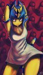 anthro blue_hair female female/female fur hair hands_behind_head markings pupils slit_pupils solo striped_markings striped_tail stripes tail tail_markings uraeus yellow_body yellow_fur yellow_inner_ear kaizooki animal_crossing nintendo ankha_(animal_crossing) domestic_cat felid feline felis mammal absurd_res hi_res