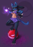 abstract_background ambiguous_gender anthro barefoot bottomwear breasts claws clothing duo fangs feet female feral generation_1_pokemon generation_4_pokemon hi_res jittermodo lucario navel nintendo open_mouth pokemon pokemon_(species) purple_background red_eyes shorts simple_background sphere_creature standing teeth topwear under_boob voltorb