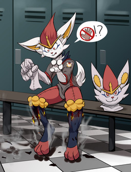 3_toes 4_fingers after_transformation ambiguous_gender anthro bodily_fluids buckteeth burning_clothes feet fingers fur implied_transformation mascot_costume multicolored_body multicolored_fur orange_eyes orange_nose panicking pokemon_transformation red_body red_eyes red_fur scut_tail short_tail solo species_transformation sweat sweatdrop tail teeth toes transformation white_body white_fur yellow_body yellow_fur toshabi nintendo pokemon cinderace generation_8_pokemon human mammal pokemon_(species) hi_res