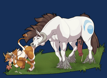 animal_genitalia animal_penis anthro big_breasts breasts butt duo equine_genitalia equine_penis female feral genitals grass leaning leaning_forward licking male nude penis plant quadruped raised_tail side_view size_difference surprised tail tongue tongue_out purplepardus bovid bovine cattle equid equine horse hybrid mammal alpha_channel hi_res