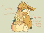 ambiguous_gender blush blush_lines brown_body brown_fur duo eyes_closed feral fluffy fluffy_tail fur lyrics orange_text paws simple_background smile tail tan_background text bloowolfy nintendo pokemon eevee generation_1_pokemon pokemon_(species) 2022 digital_media_(artwork) english_text