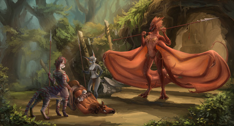 3_toes 5_fingers anthro bra breasts captured claws clothing day detailed_background digitigrade feet female fingers forest fur grey_body grey_fur group holding_melee_weapon holding_object holding_polearm holding_spear holding_weapon horn male melee_weapon membrane_(anatomy) membranous_wings navel non-mammal_breasts outside plant polearm quadruped size_difference smile spear spines standing tail toes tree underwear weapon wings akine20_(artist) european_mythology mythology caracal caracal_(genus) dragon felid feline mammal mythological_creature mythological_scalie scalie taur western_dragon