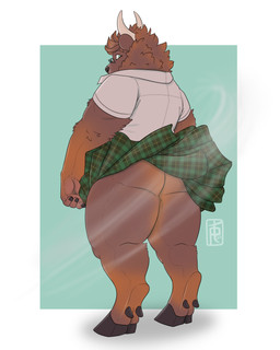 anthro big_butt bottomwear brown_body brown_fur butt clothed clothing commando eyewear fingernails fur glasses hooves horn humanoid_hands kilt looking_back male nails no_underwear shirt solo t-shirt tan_body tan_fur thick_thighs topwear upskirt wind palehorntea alan_(tenpoundhammer) bear bovid bovine brown_bear cattle grizzly_bear highland_cattle hybrid mammal ursine 4:5 hi_res