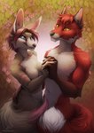 anthro black_nose blue_eyes breasts brown_hair clothed clothing duo featureless_breasts female fur hair male nude red_body red_fur red_hair smile white_body white_fur neotheta canid canine fox mammal 2022 digital_media_(artwork) hi_res